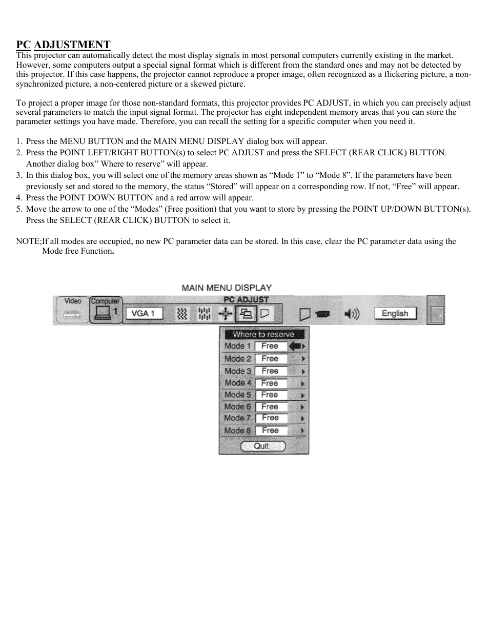 Pc adjustment | Eiki Multimedia Projector LC-X1UA User Manual | Page 42 / 56