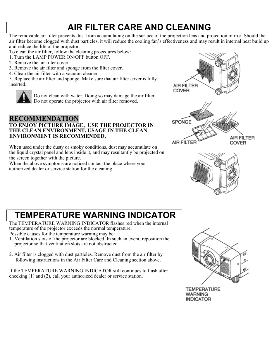 Air filter care and cleaning, Temperature warning indicators, Temperature warning indicator | Recommendation | Eiki Multimedia Projector LC-X1UA User Manual | Page 50 / 56