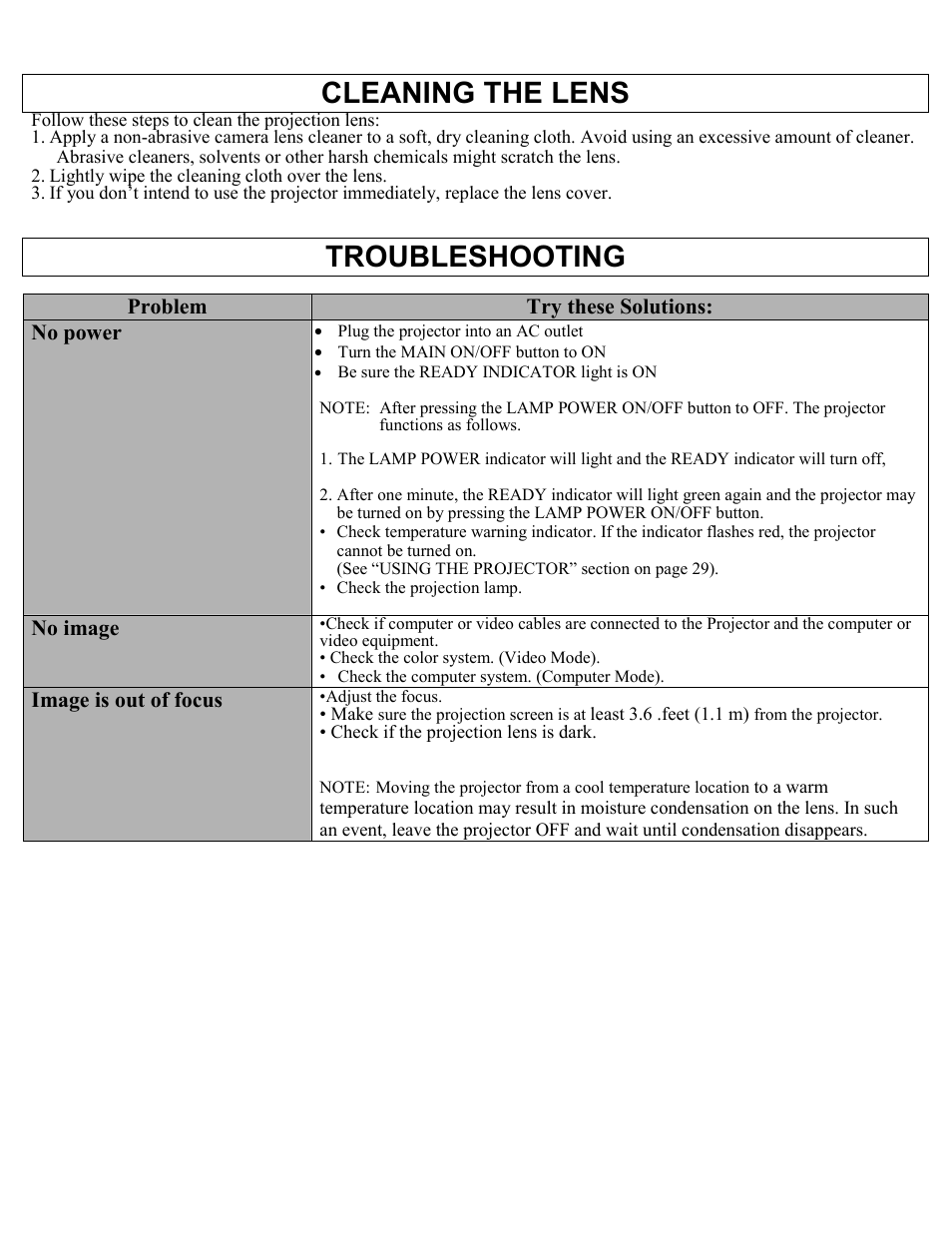 Cleaning the lens, Troubleshooting | Eiki Multimedia Projector LC-X1UA User Manual | Page 52 / 56