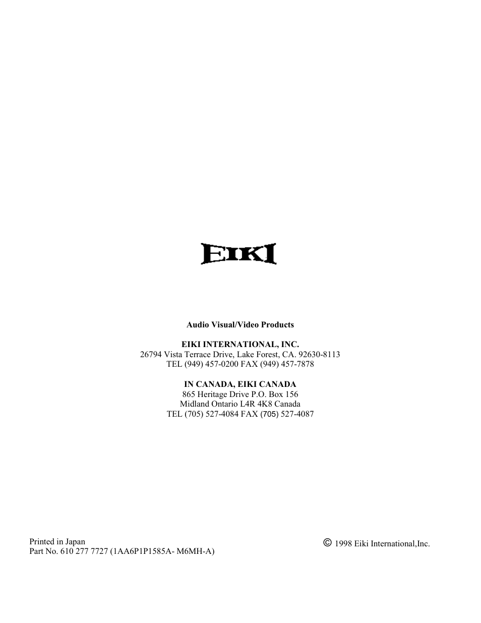 Eiki Multimedia Projector LC-X1UA User Manual | Page 56 / 56