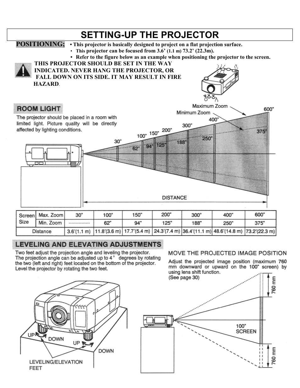 Positioning, Room light, Leveling and elevating adjustments | Setting-up the projector | Eiki Multimedia Projector LC-X1UA User Manual | Page 7 / 56