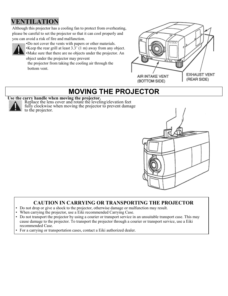 Ventilation, Moving the projector | Eiki Multimedia Projector LC-X1UA User Manual | Page 8 / 56