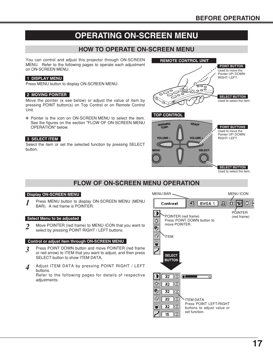 Operatingon-screen menu, How to operate on-screen menu, Flow of on-screen menu operation | Operating on-screen menu | Eiki LC-XNB4S User Manual | Page 17 / 48