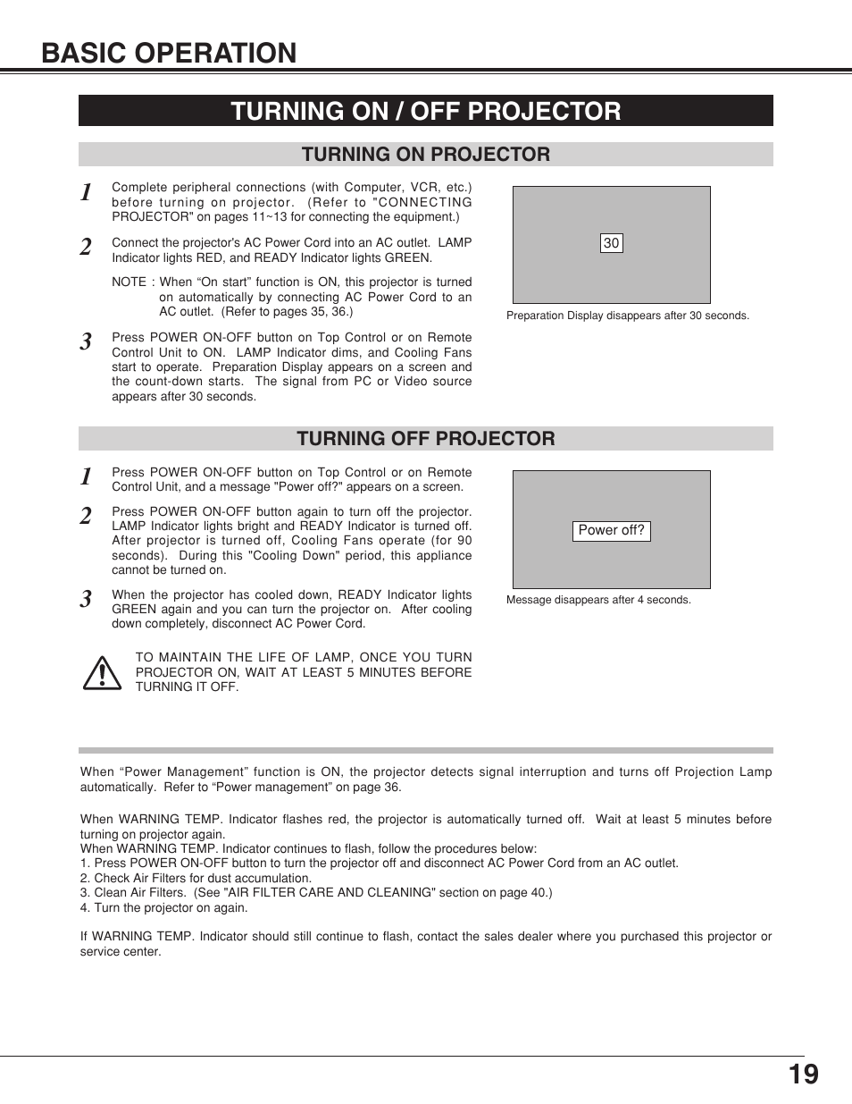 Basic operation, Turning on/off projector, 19 basic operation | Turning on / off projector | Eiki LC-XNB4S User Manual | Page 19 / 48