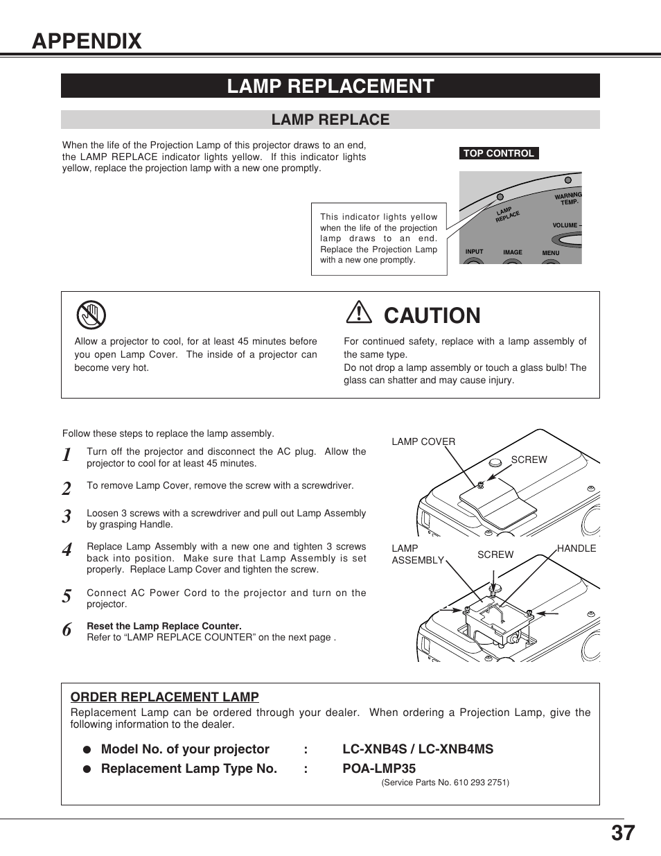 Appendix, Lamp replacement, Lamp replace | 37 appendix, Caution | Eiki LC-XNB4S User Manual | Page 37 / 48