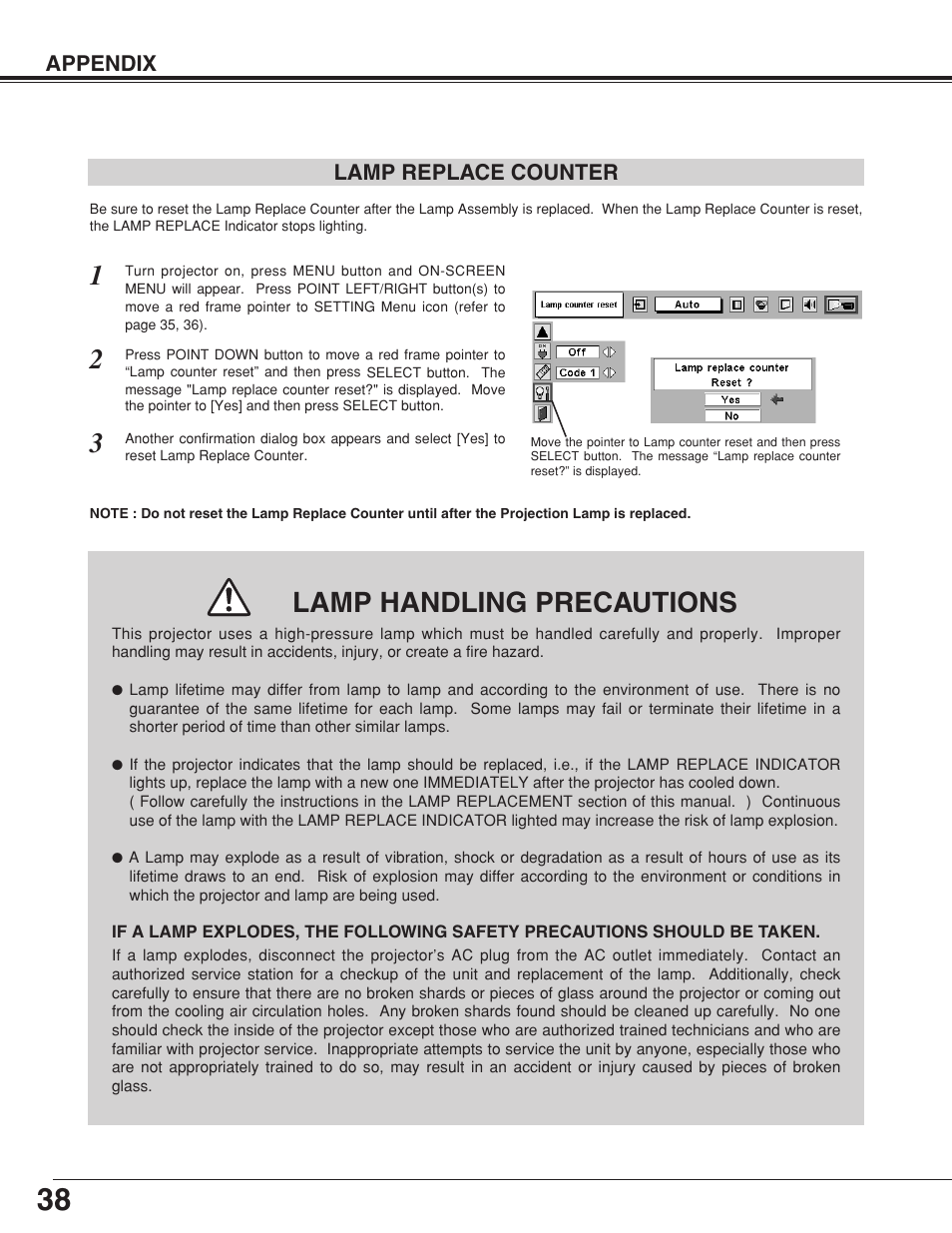Lamp replace counter, Lamp handling precautions | Eiki LC-XNB4S User Manual | Page 38 / 48