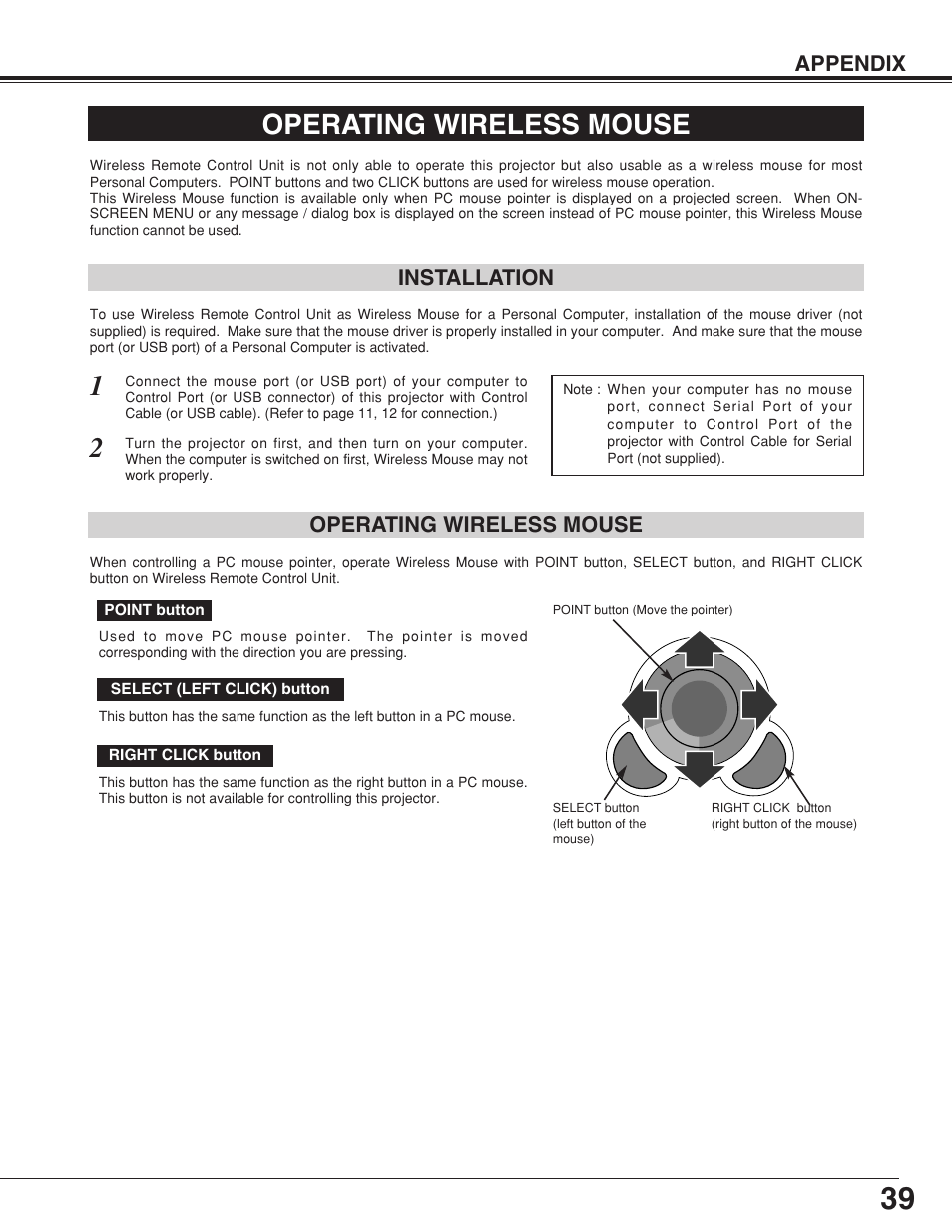 Operating wireless m ouse, Operating wireless mouse, Appendix | Installation | Eiki LC-XNB4S User Manual | Page 39 / 48