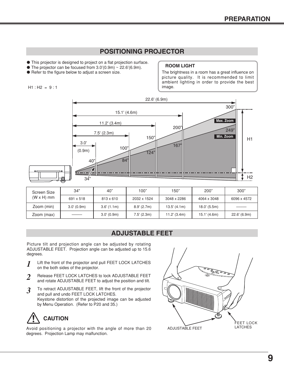 Positioning projector, Adjustable feet, Preparation positioning projector adjustable feet | Eiki LC-XNB4S User Manual | Page 9 / 48
