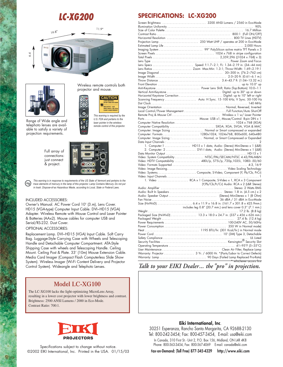 Lc-xg200, Model lc-xg100, Specifications: lc-xg200 | Eiki LC-XG200 User Manual | Page 2 / 2