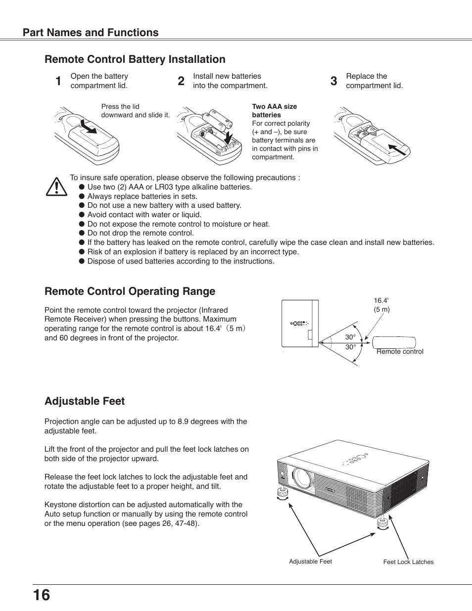 Remote control battery installation, Remote control operating range, Adjustable feet | Part names and functions adjustable feet | Eiki LC-WB40N User Manual | Page 16 / 82