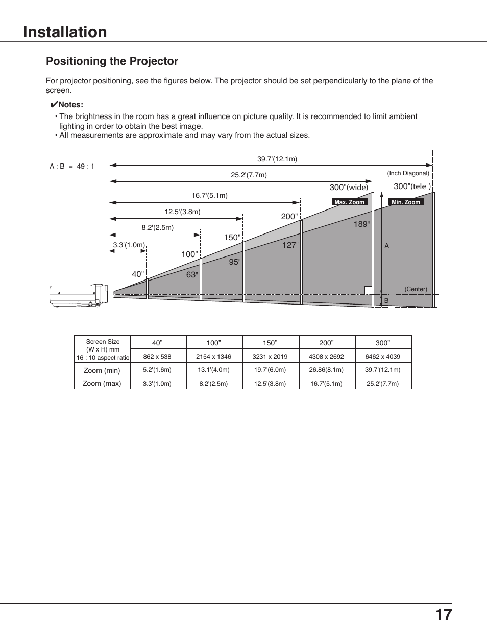 Installation, Positioning the projector | Eiki LC-WB40N User Manual | Page 17 / 82