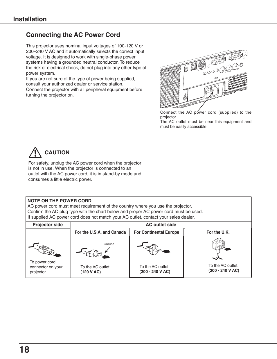 Connecting the ac power cord, Installation connecting the ac power cord | Eiki LC-WB40N User Manual | Page 18 / 82