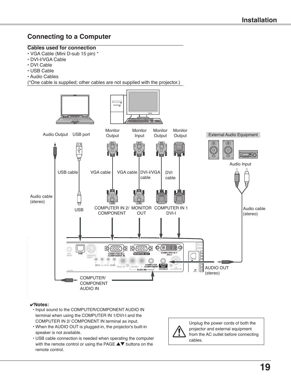 Connecting to a computer, Installation connecting to a computer | Eiki LC-WB40N User Manual | Page 19 / 82