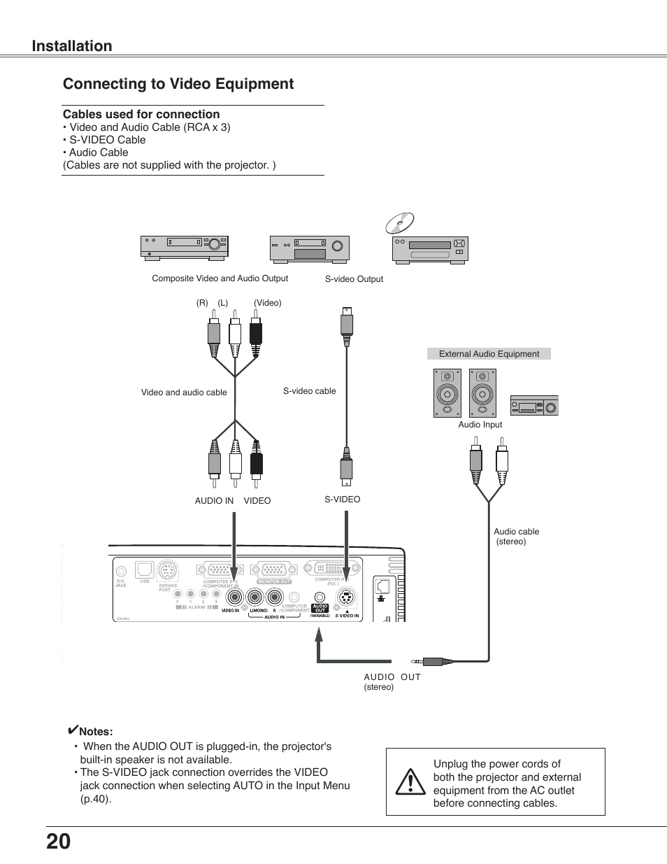 Connecting to video equipment, Connecting to video equipment 20, Installation connecting to video equipment | Eiki LC-WB40N User Manual | Page 20 / 82