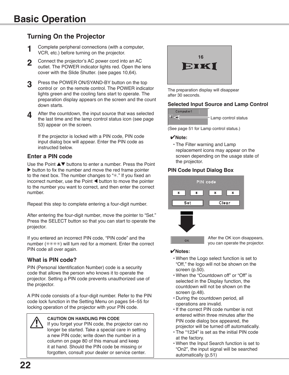 Basic operation, Turning on the projector | Eiki LC-WB40N User Manual | Page 22 / 82