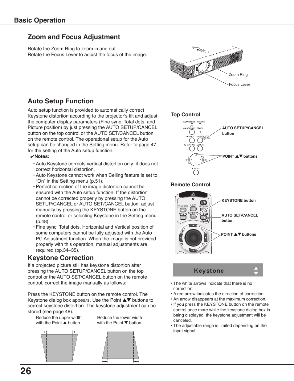 Zoom and focus adjustment, Auto setup function, Keystone correction | Basic operation | Eiki LC-WB40N User Manual | Page 26 / 82