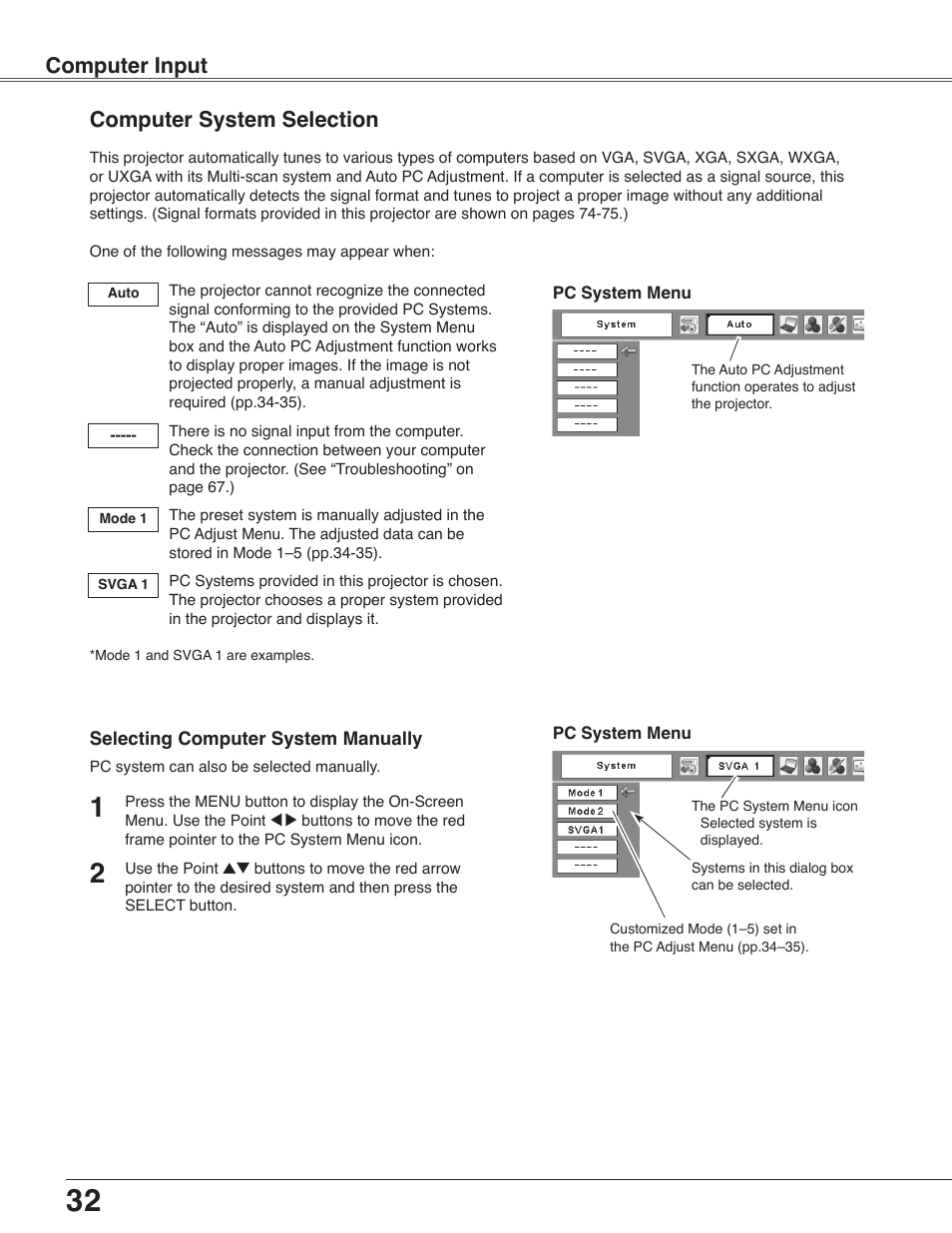 Computer system selection, Computer input | Eiki LC-WB40N User Manual | Page 32 / 82