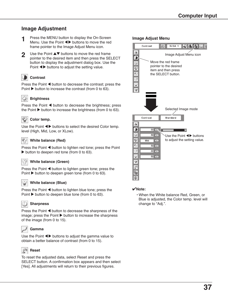Image adjustment, Computer input | Eiki LC-WB40N User Manual | Page 37 / 82