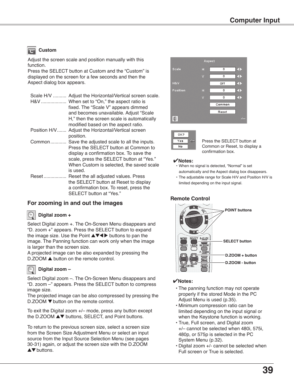 For zooming in and out the images, For zooming in and out the images 39, Computer input | Eiki LC-WB40N User Manual | Page 39 / 82