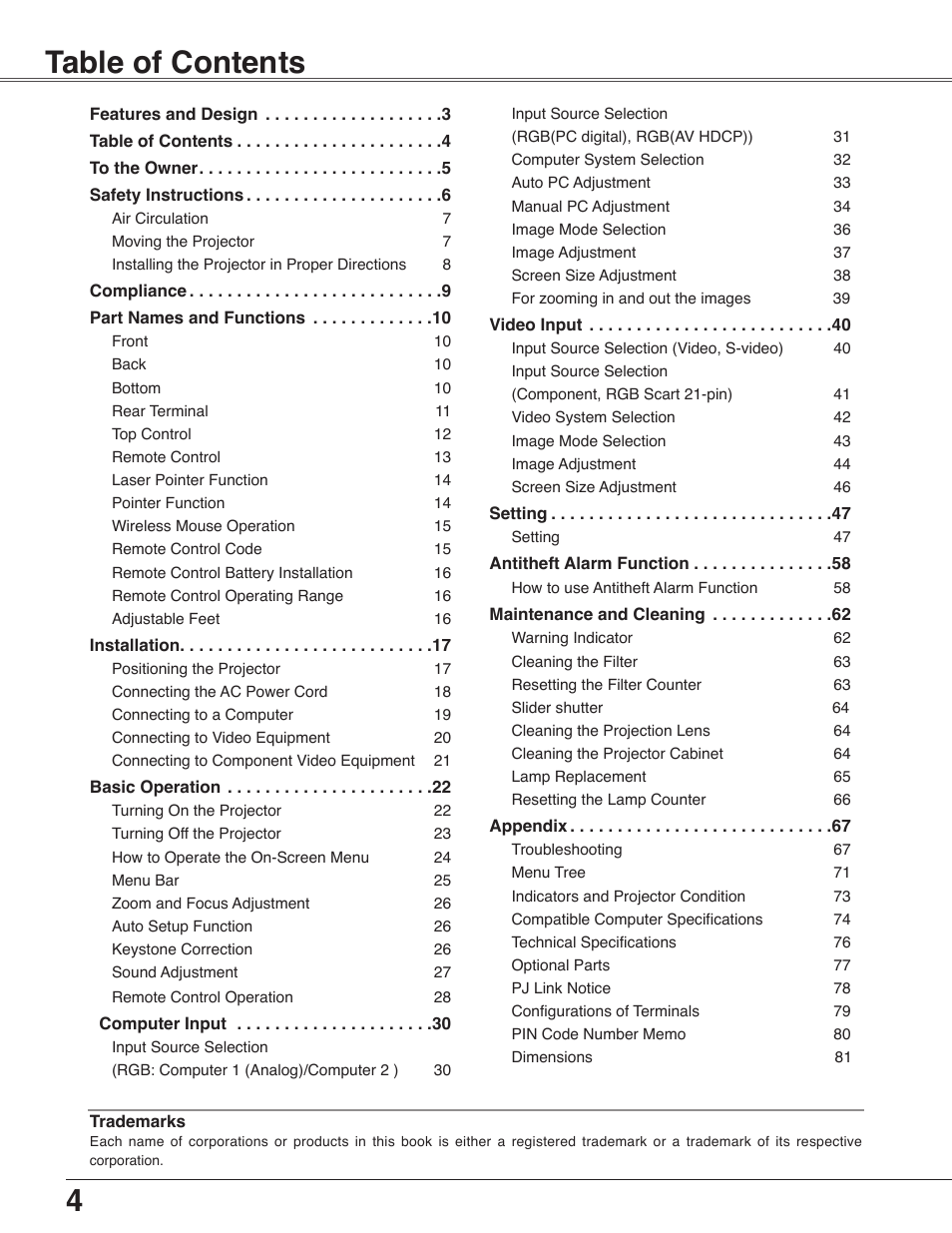 Eiki LC-WB40N User Manual | Page 4 / 82