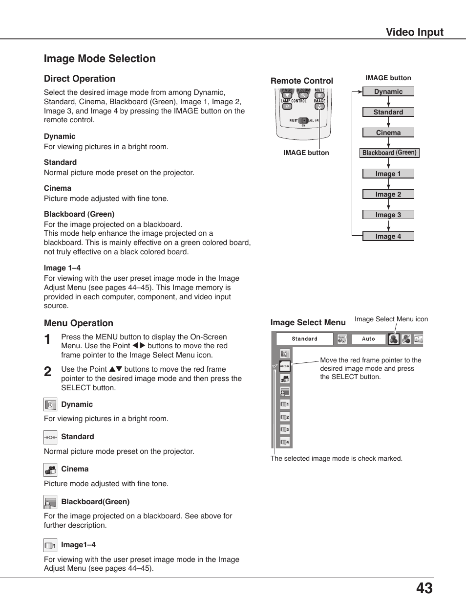 Image mode selection, Video input | Eiki LC-WB40N User Manual | Page 43 / 82