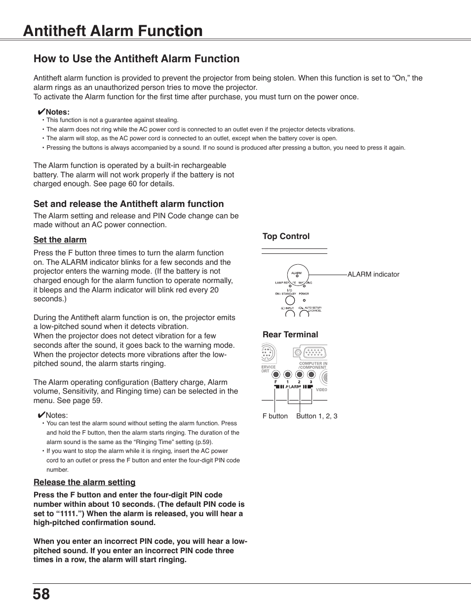 Antitheft alarm funłction, How to use the antitheft alarm function, Antitheft alarm function | How to use antitheft alarm function, 58 antitheft alarm function ction tion | Eiki LC-WB40N User Manual | Page 58 / 82