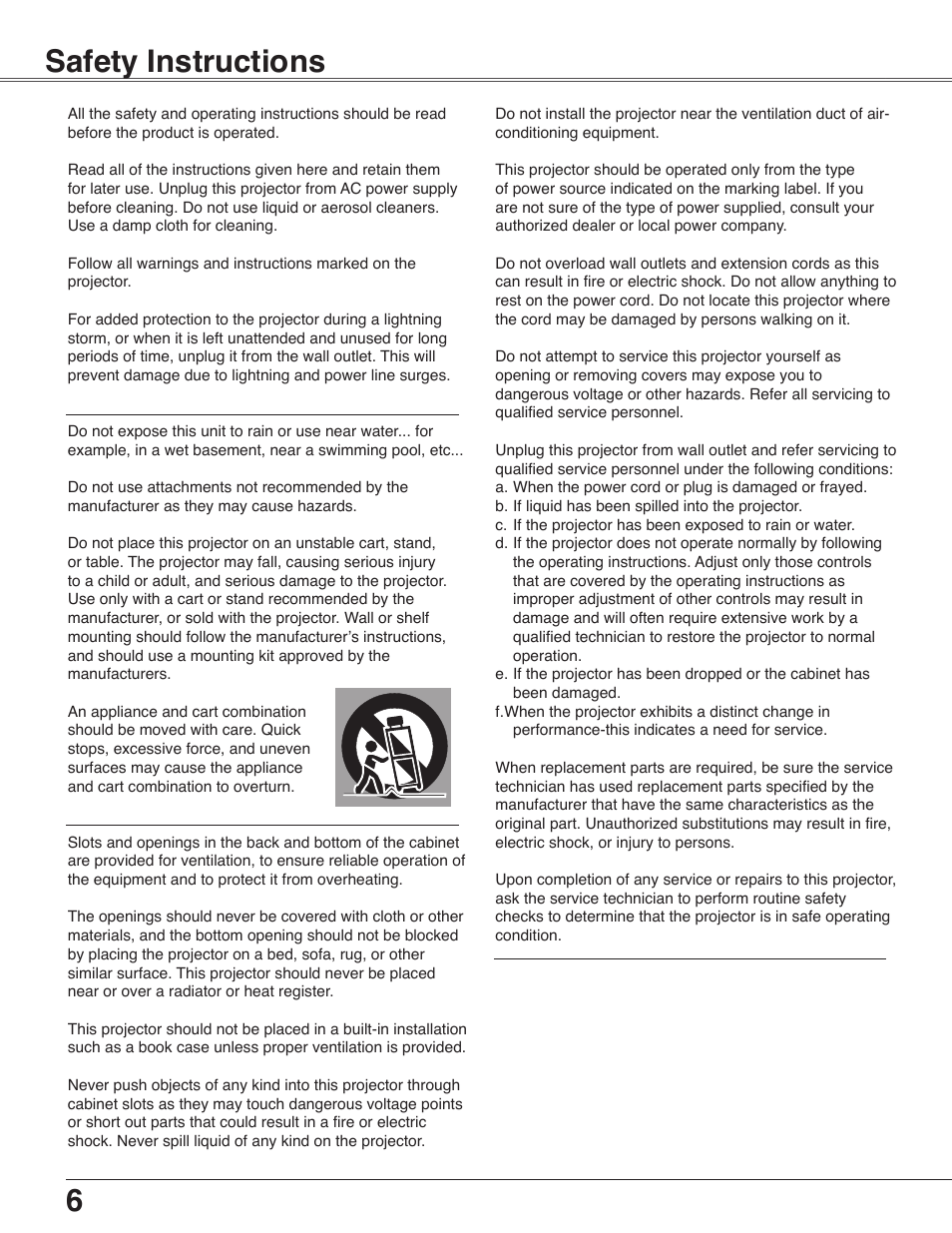 Safety instructions, 6safety instructions | Eiki LC-WB40N User Manual | Page 6 / 82