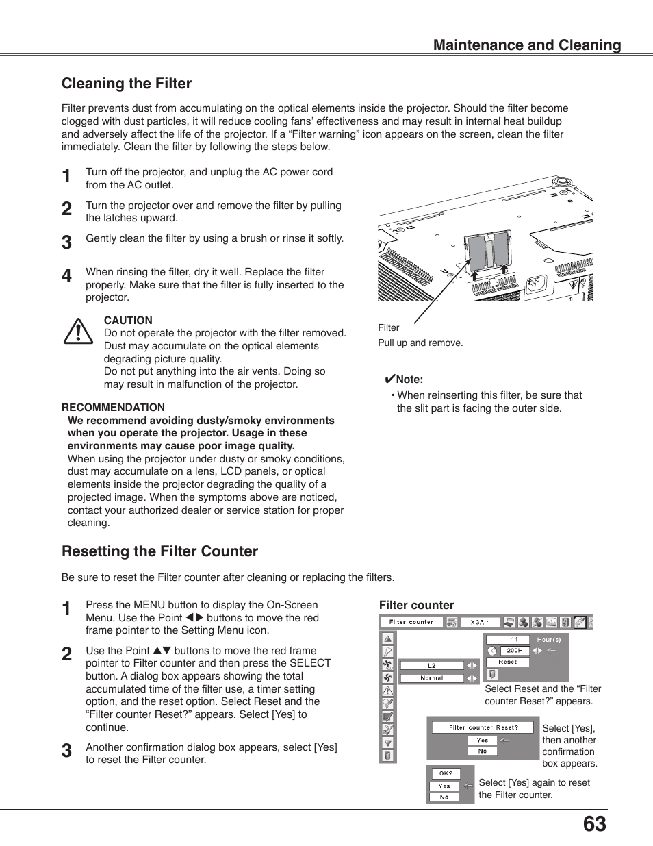 Cleaning the filter, Resetting the filter counter, Maintenance and cleaning | Eiki LC-WB40N User Manual | Page 63 / 82