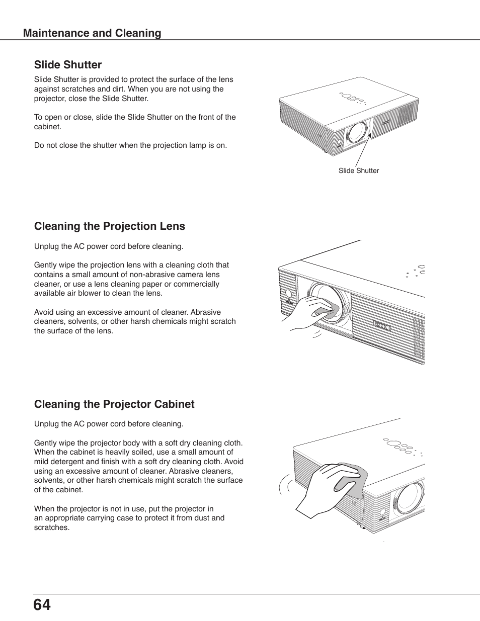 Slide shutter, Cleaning the projection lens, Cleaning the projector cabinet | Slider shutter 64 cleaning the projection lens | Eiki LC-WB40N User Manual | Page 64 / 82