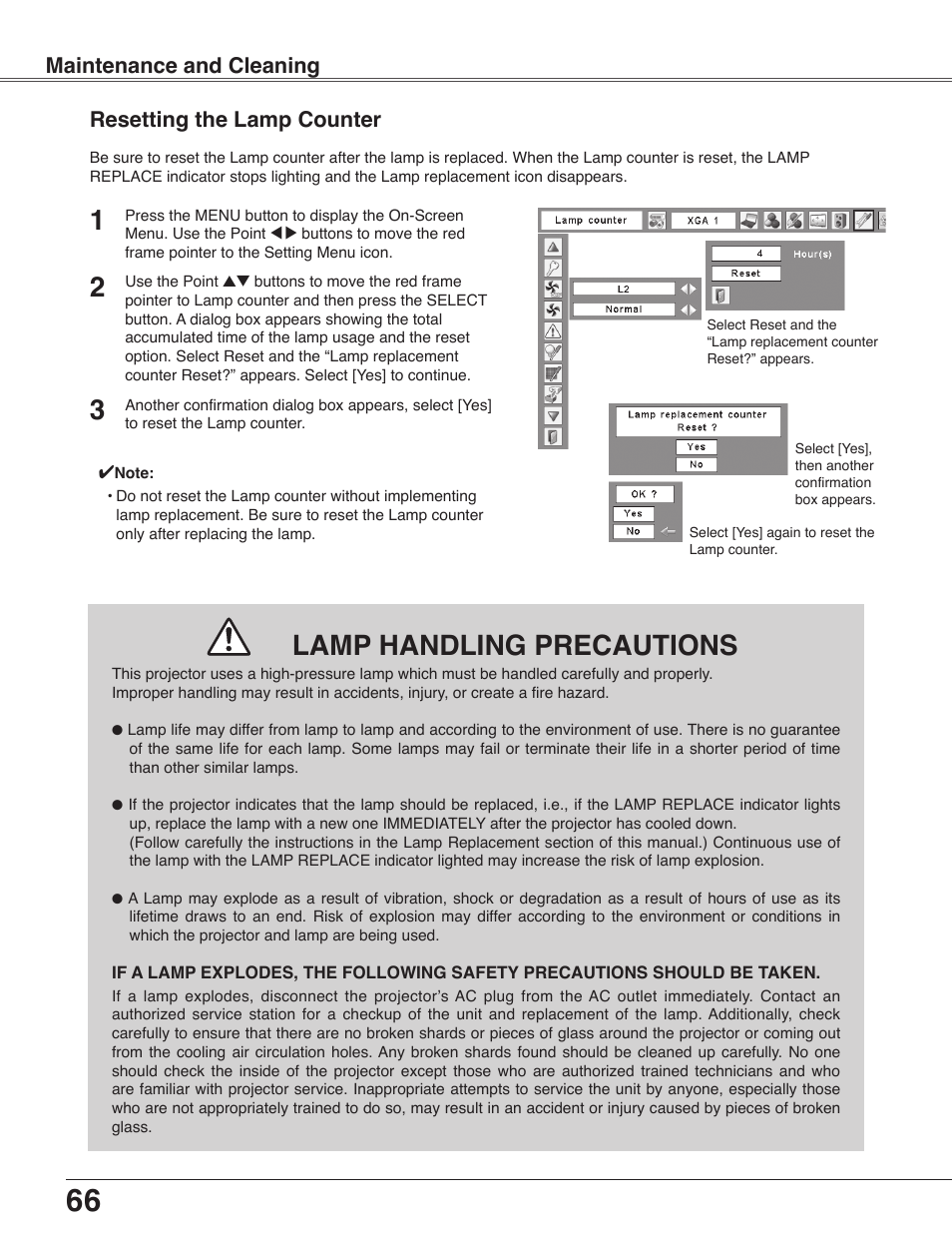 Resetting the lamp counter, Lamp handling precautions, Maintenance and cleaning | Eiki LC-WB40N User Manual | Page 66 / 82