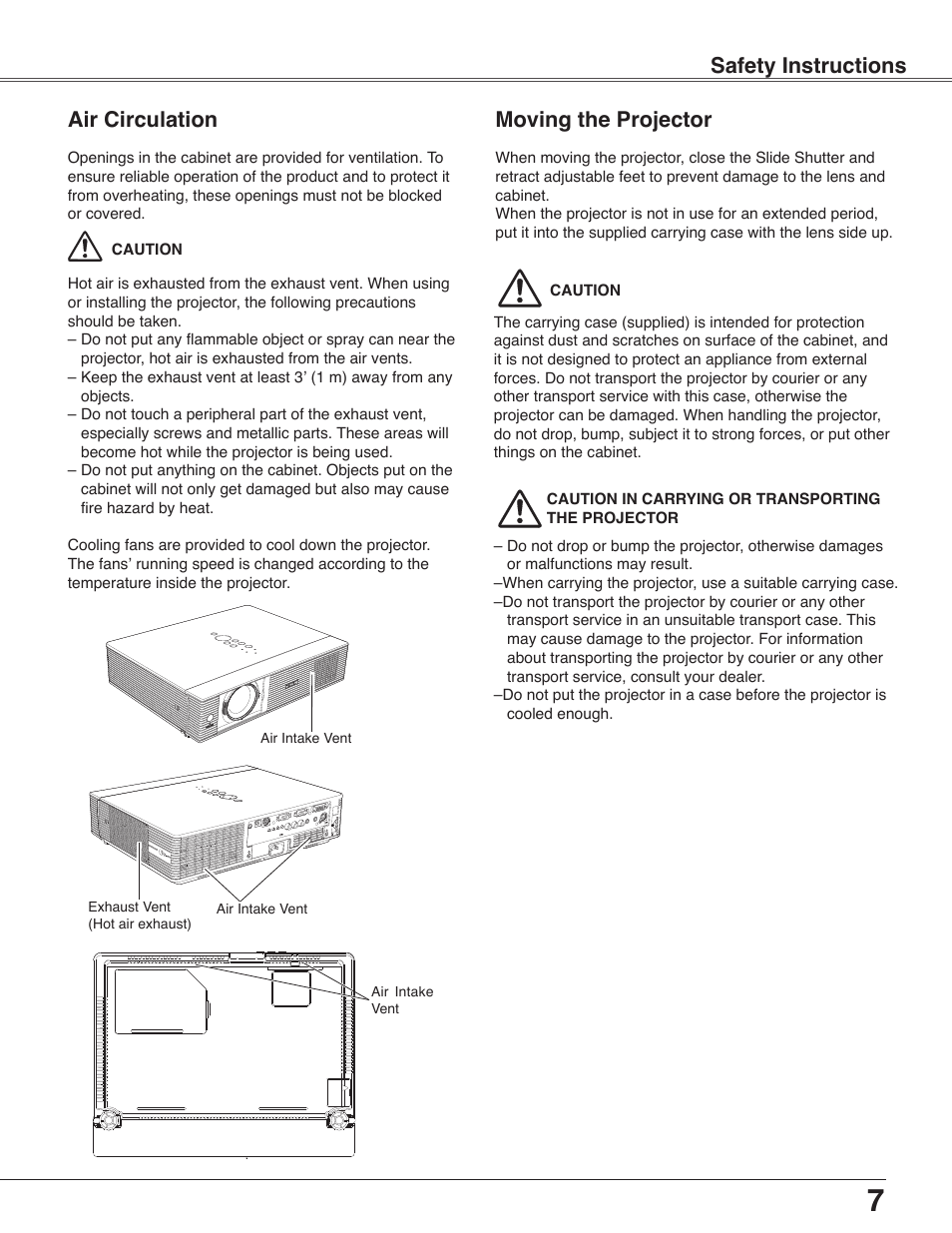 Air circulation, Moving the projector, Safety instructions | Eiki LC-WB40N User Manual | Page 7 / 82