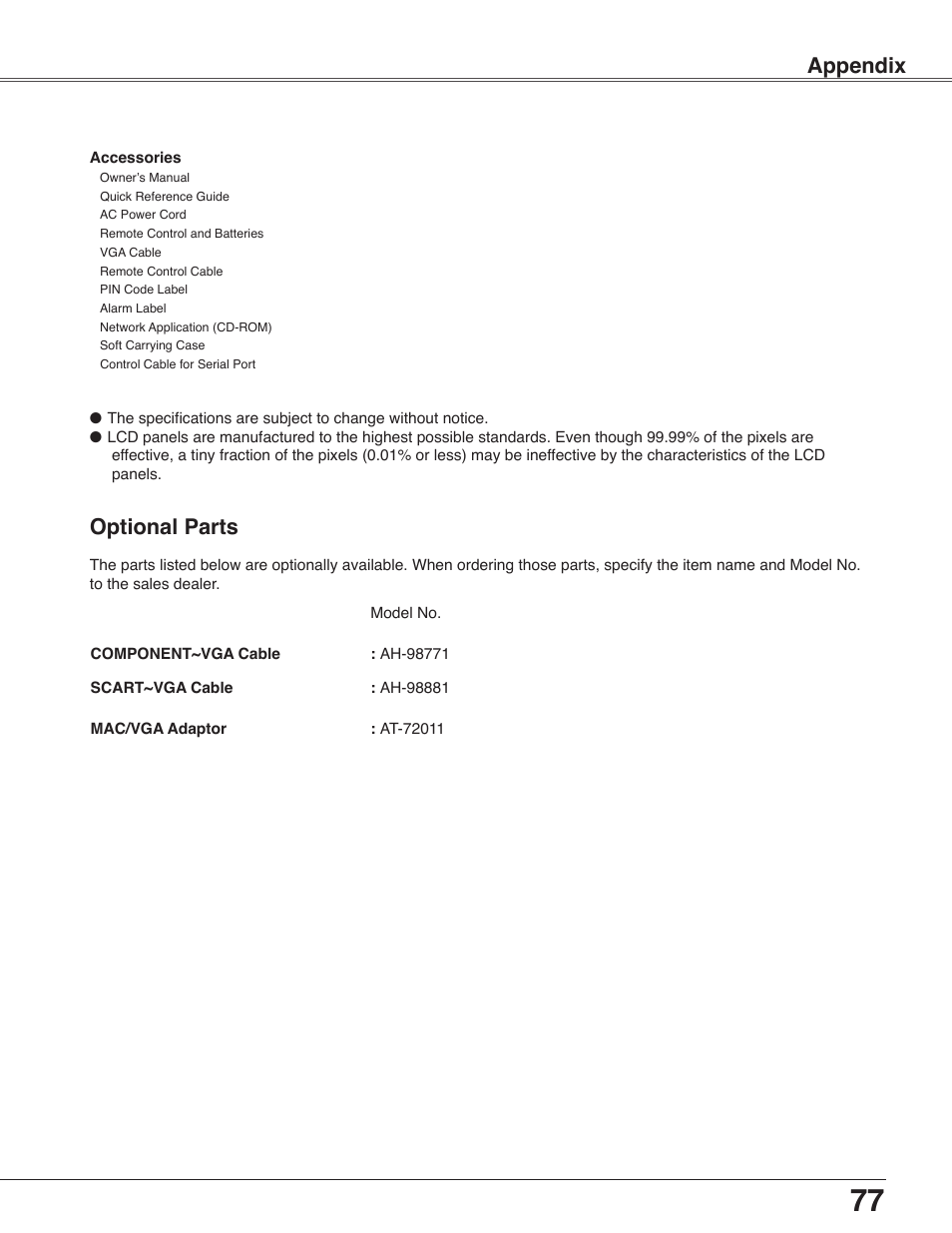 Optional parts, Appendix | Eiki LC-WB40N User Manual | Page 77 / 82