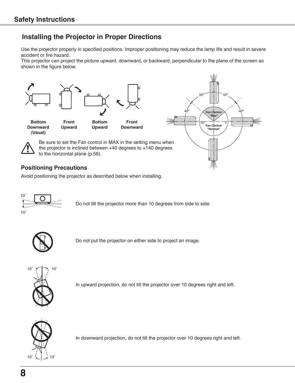 Installing the projector in proper directions, Positioning precautions, Safety instructions | Ng good | Eiki LC-WB40N User Manual | Page 8 / 82