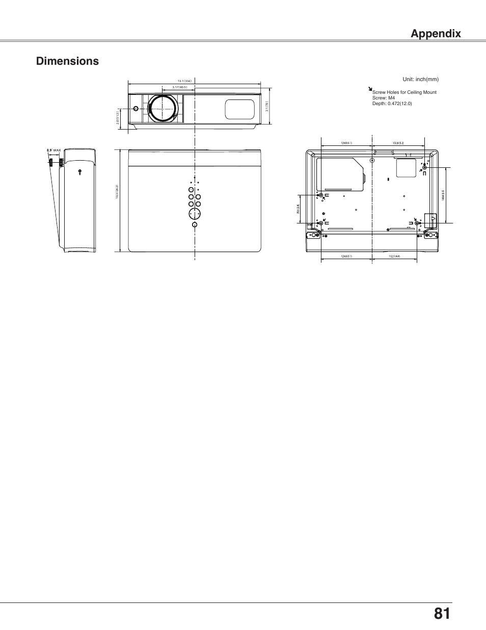 Dimensions, Dimensions 81, Appendix dimensions | Eiki LC-WB40N User Manual | Page 81 / 82