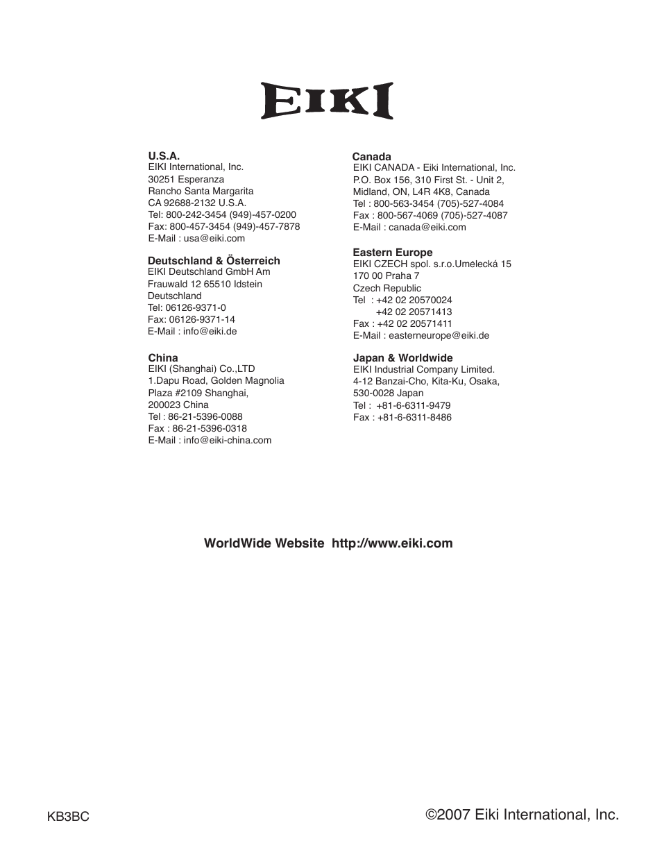2007 eiki international, inc, Kb3bc | Eiki LC-WB40N User Manual | Page 82 / 82