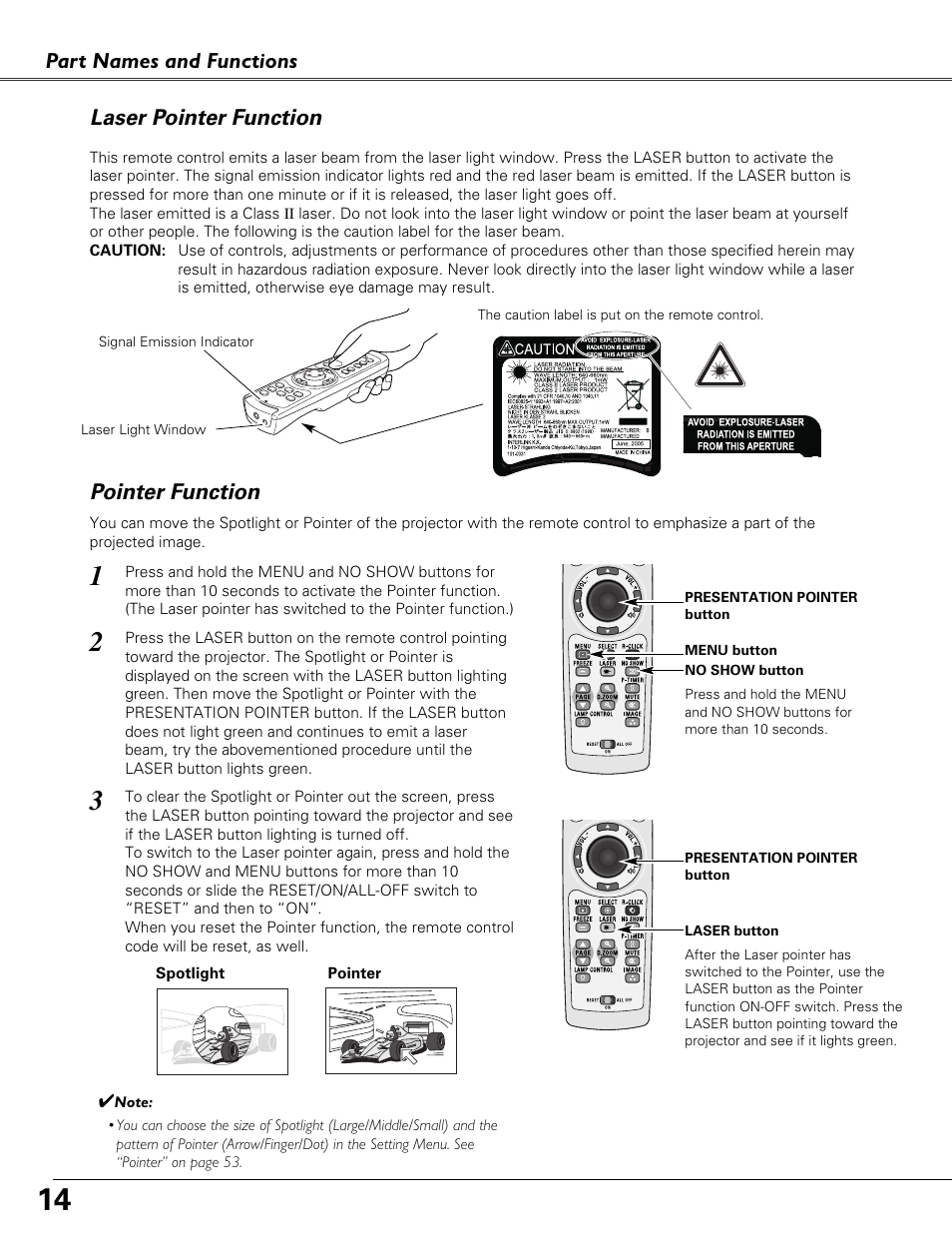Laser pointer function, Pointer function, Part names and functions | Eiki LC-XB40N User Manual | Page 14 / 79