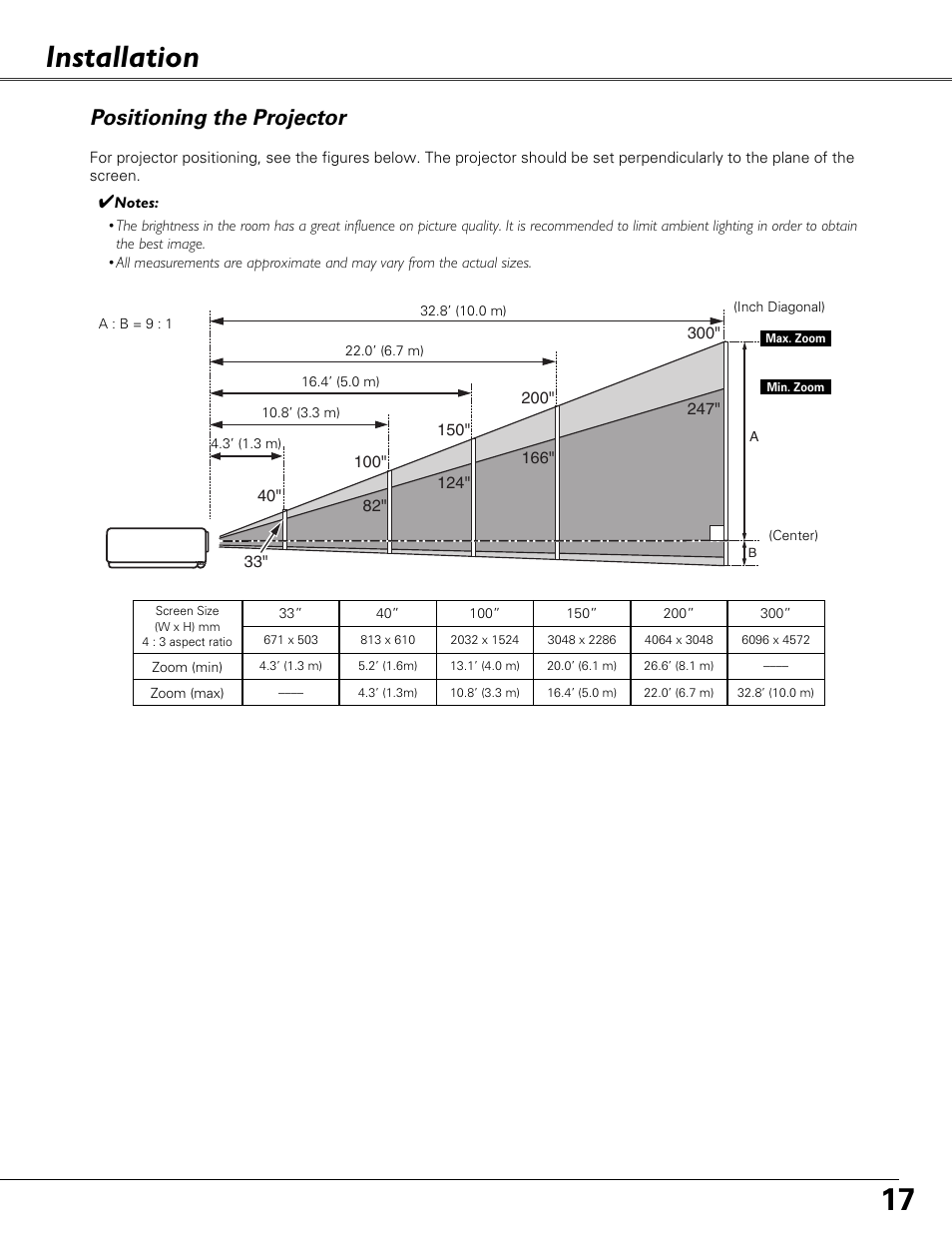 Installation, Positioning the projector | Eiki LC-XB40N User Manual | Page 17 / 79