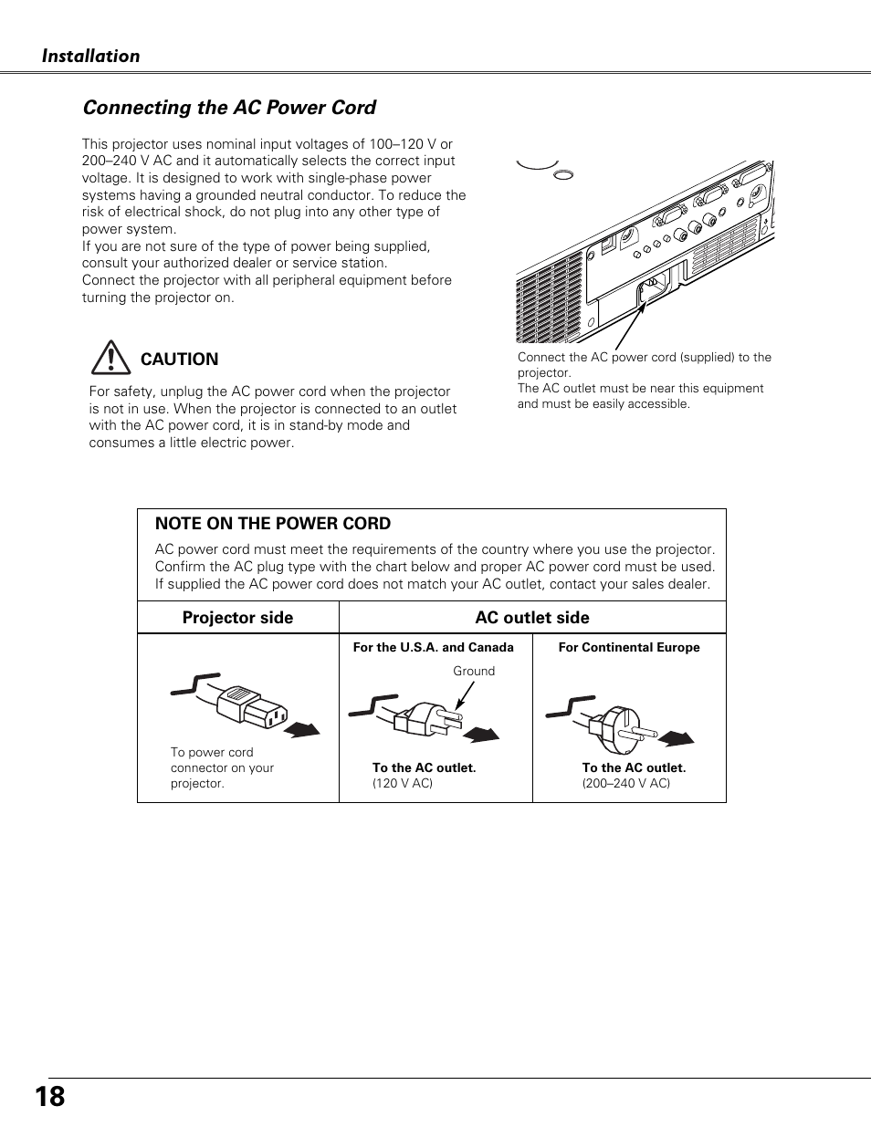 Connecting the ac power cord, Connecting the ac power cord installation | Eiki LC-XB40N User Manual | Page 18 / 79