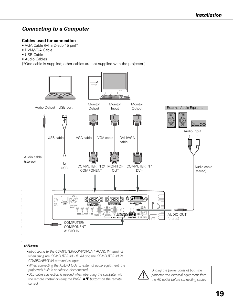 Connecting to a computer, Installation connecting to a computer | Eiki LC-XB40N User Manual | Page 19 / 79