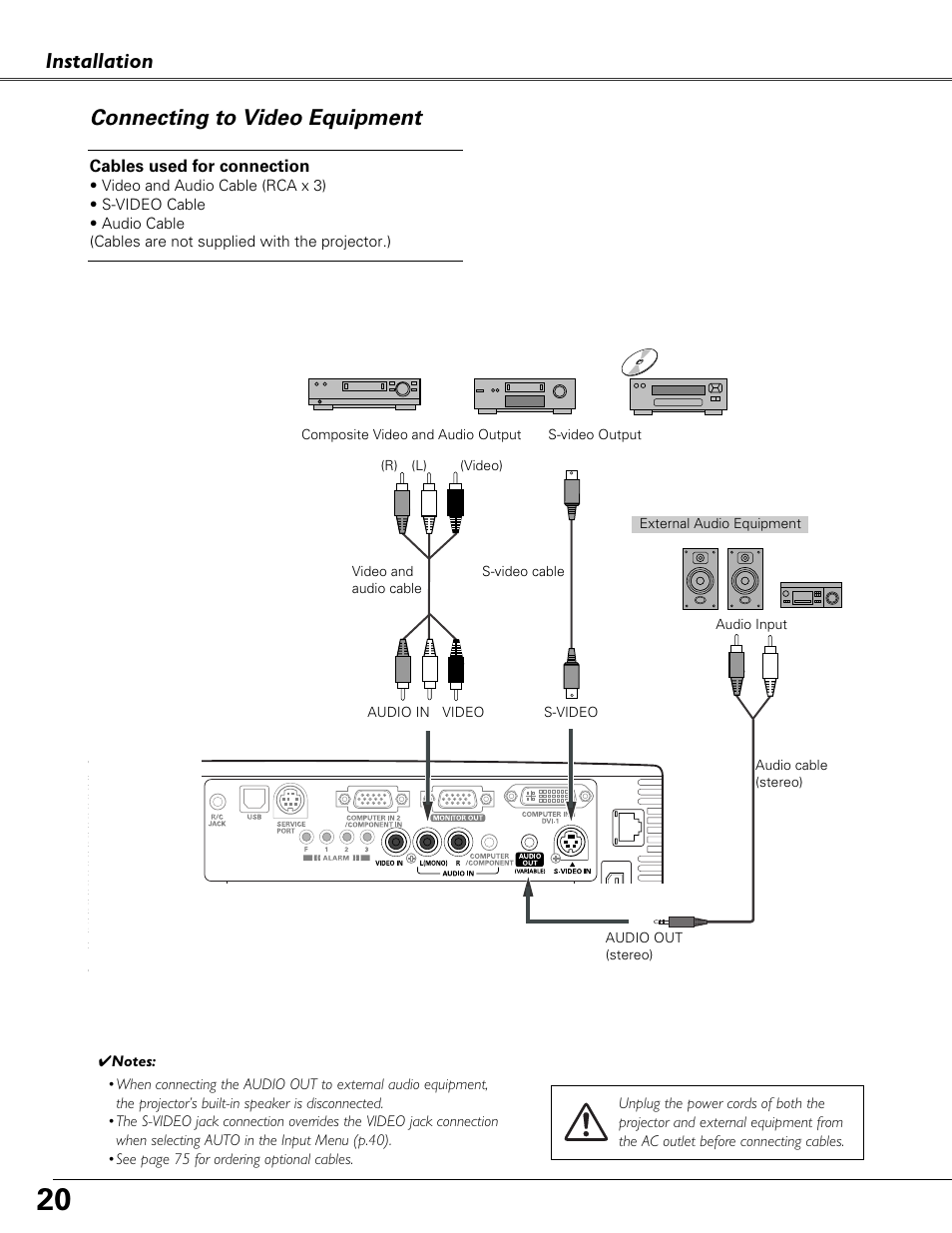Connecting to video equipment, Installation connecting to video equipment | Eiki LC-XB40N User Manual | Page 20 / 79
