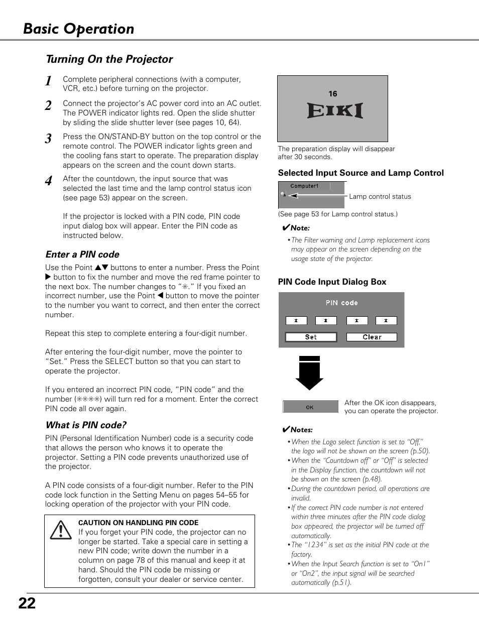 Basic operation, Turning on the projector | Eiki LC-XB40N User Manual | Page 22 / 79