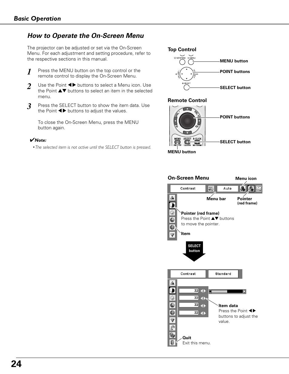 How to operate the on-screen menu, Basic operation how to operate the on-screen menu | Eiki LC-XB40N User Manual | Page 24 / 79