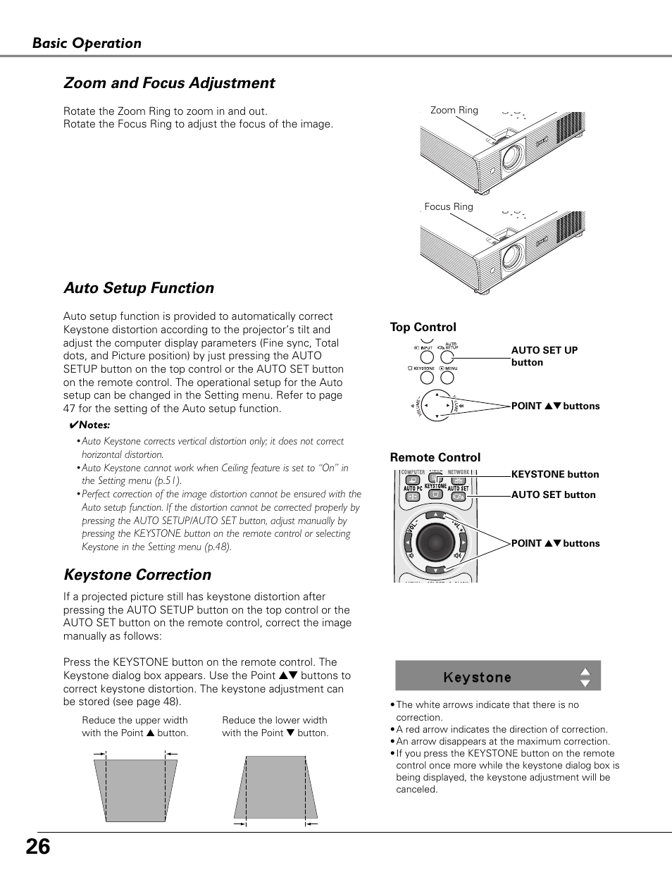 Zoom and focus adjustment, Auto setup function, Keystone correction | Basic operation, Auto setup function zoom and focus adjustment | Eiki LC-XB40N User Manual | Page 26 / 79