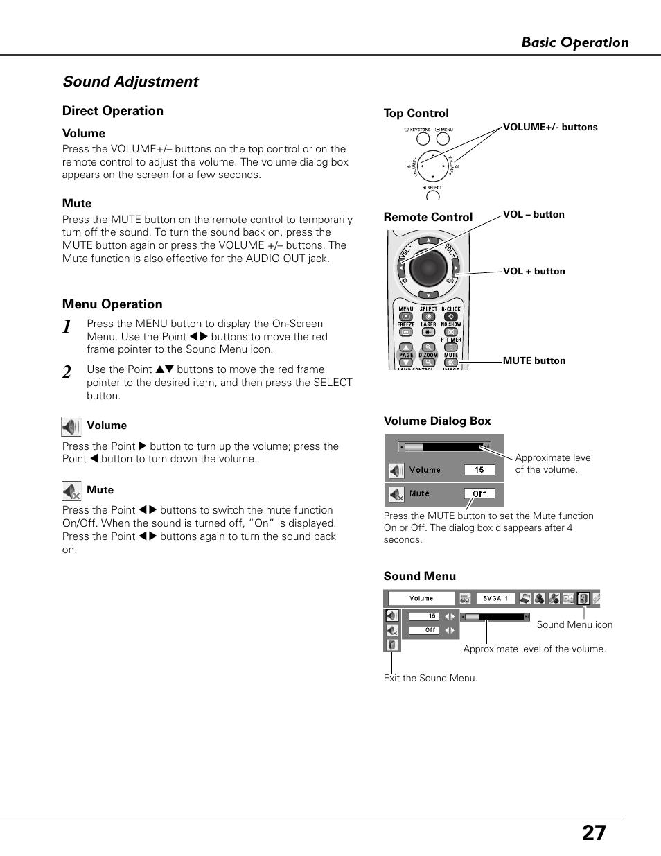 Sound adjustment, Basic operation sound adjustment | Eiki LC-XB40N User Manual | Page 27 / 79