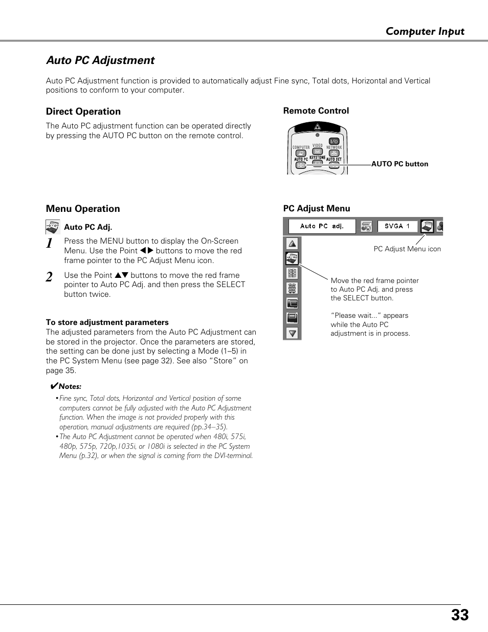 Auto pc adjustment, Computer input | Eiki LC-XB40N User Manual | Page 33 / 79