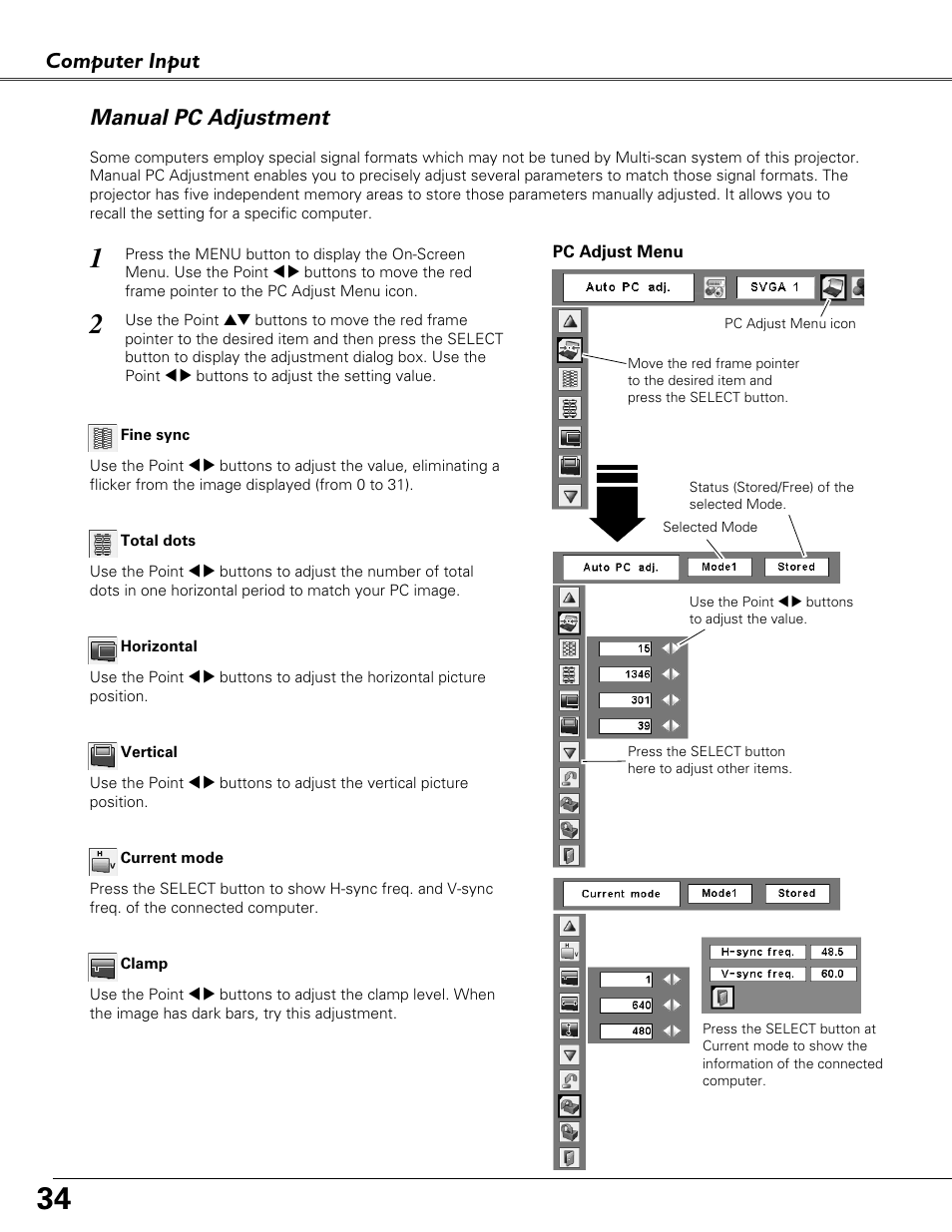 Manual pc adjustment, Computer input | Eiki LC-XB40N User Manual | Page 34 / 79