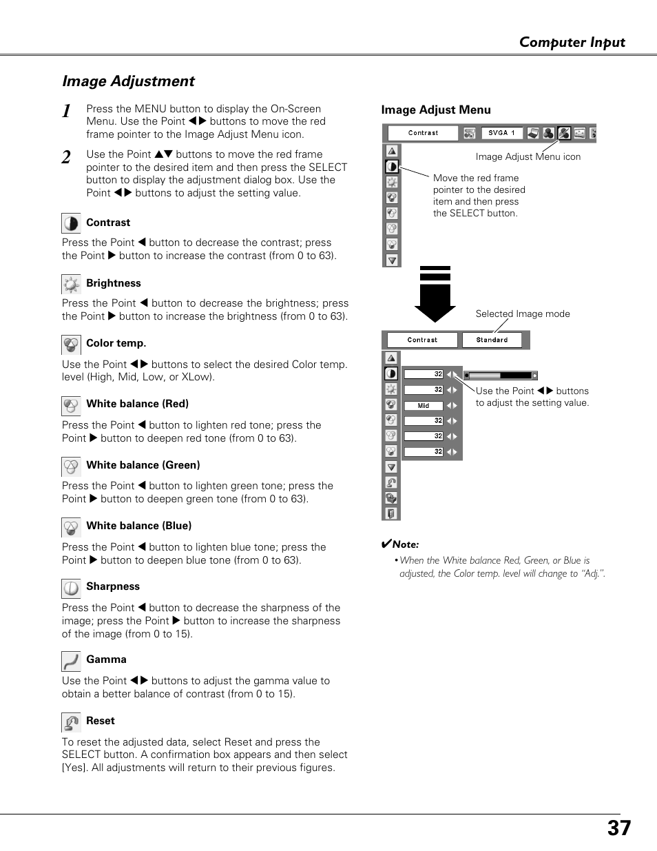 Image adjustment, Computer input | Eiki LC-XB40N User Manual | Page 37 / 79