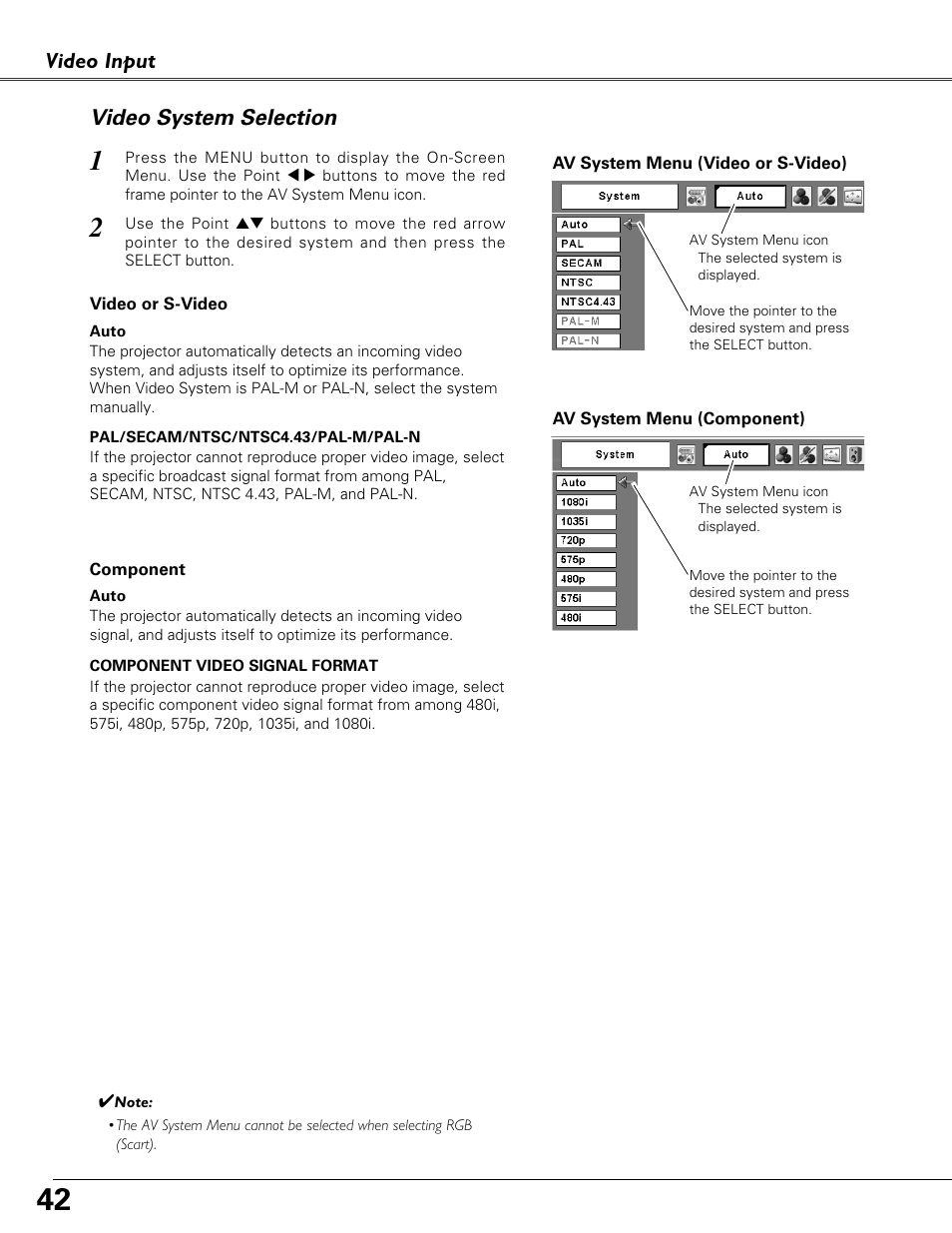 Video system selection, Video input video system selection | Eiki LC-XB40N User Manual | Page 42 / 79