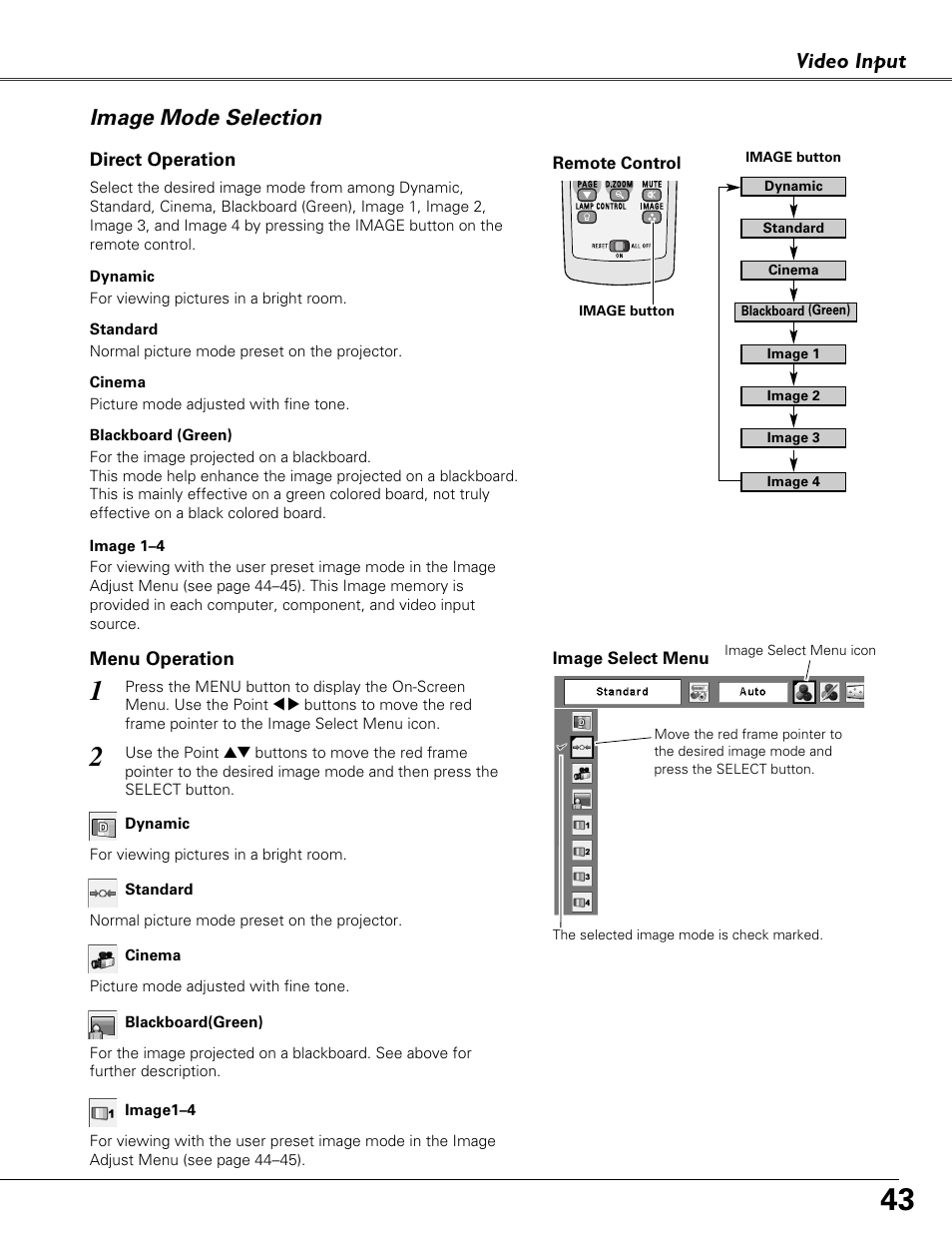 Image mode selection, Video input | Eiki LC-XB40N User Manual | Page 43 / 79