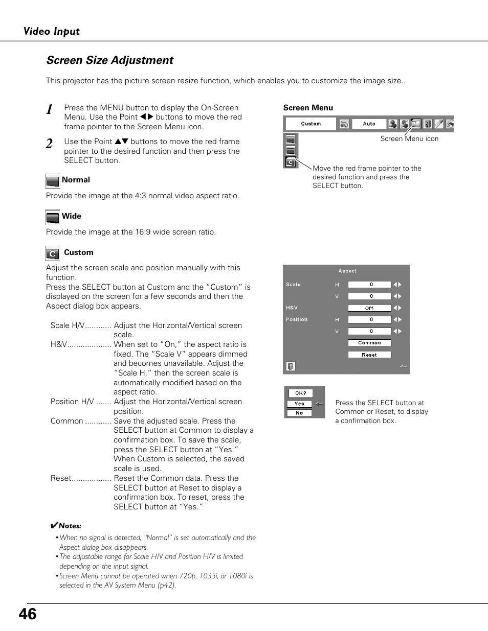 Screen size adjustment, Video input | Eiki LC-XB40N User Manual | Page 46 / 79
